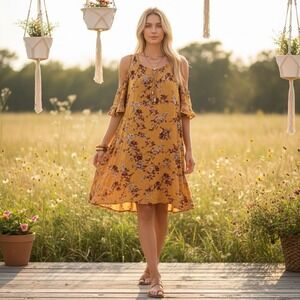Xhilaration Mustard Yellow Floral Cold Shoulder Boho Shift Dress Cottagecore S
